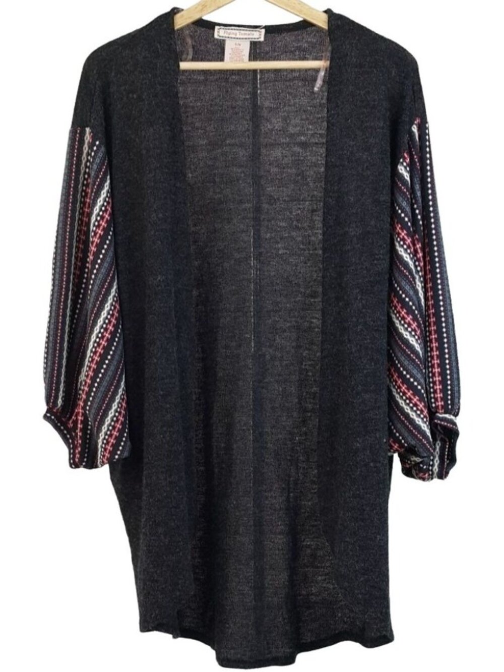 Flying Tomato Boho Tunic Sweater Gray Small Medium Red Geo Loose Open Cardigan